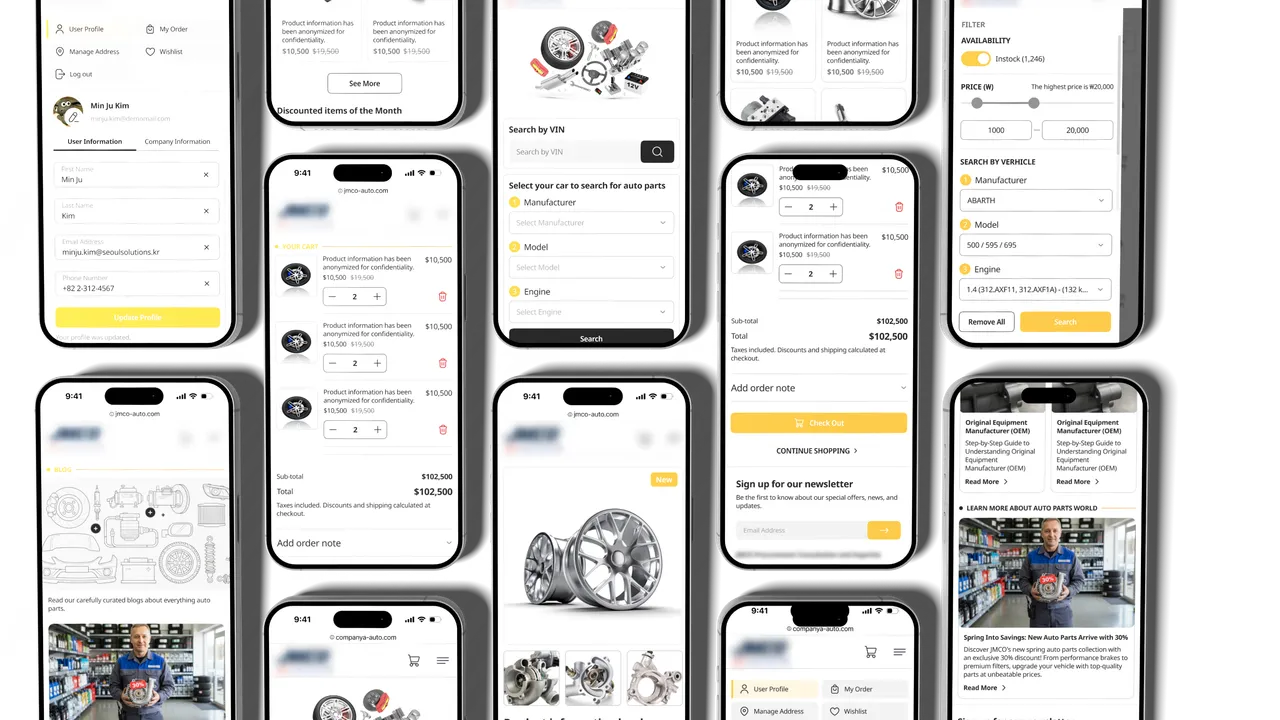 Overlapping high-fidelity mobile screen mockups of the auto-parts store